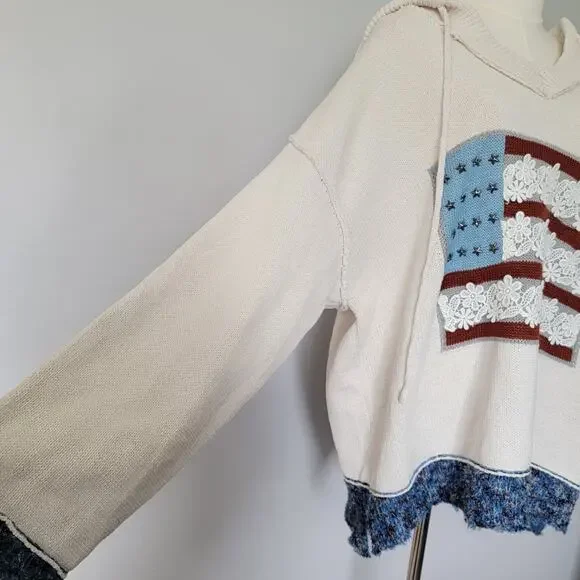 Pol Sweater Hoodie American Flag Boho Oversized NEW Sz L Patriotic Art To Wear - Picture 3 of 12